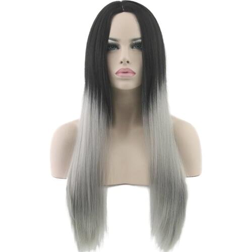Black To Grey Hair Straight Long Wigs White Synthetic Hair Heat Resistant Gray Omber Hair Women Wig