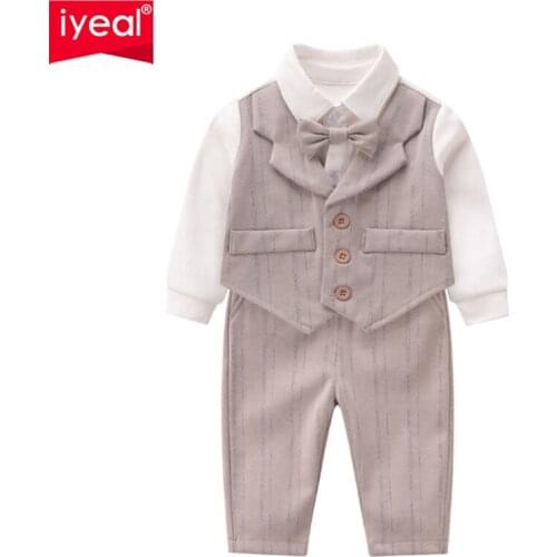 IYEAL Kids Baby Boy Gentleman Clothes Long Sleeve Bowtie Bodysuits +Vest+Pant Boys Outfits Sets for Wedding Birthday Party 0-3Y