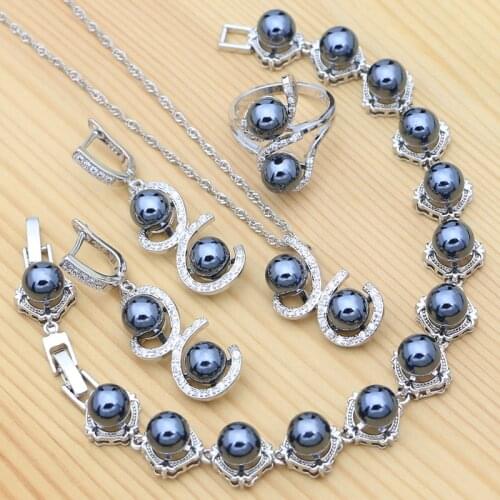 925 Silver Jewelry Set Black Pearl Inlaid White Cubic Zirconia Geometric Ring Earrings Pendant Chain Bracelet for Girls