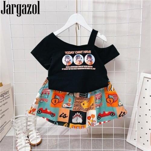 Summer Girls Clothes Cartoon Letter Printed Off The Shoulder Top&skirt Fashion Korean Little Girl Clothing Set Kids Outfits