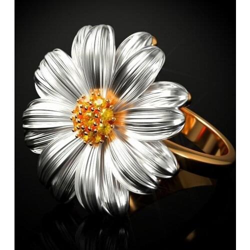 Fashion 18K Yellow Gold Color Chrysanthemum Sunflower Topaz Ring Elegant Two Tone Engagement Bridal Ring Trendy Jewelry Gift