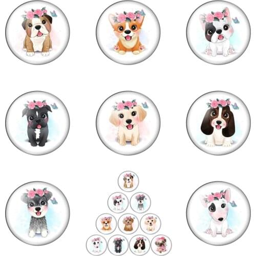 Cute Dog Head Wearing a Flower Painting Round Photo Glass Cabochon Demo Flat Back Making Findings Handmade DIY Accessories