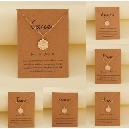 12 Constellation Coin Pendant Necklace For Women Men Gold Chain Zodiac Sign Choker Necklaces Wish Card Couple Engagement Jewelry