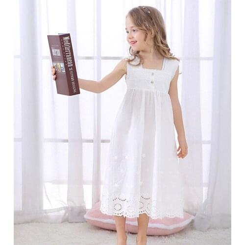 Girls Pajamas Summer Nightgown Toddler White Sleep Dress Cotton Linen Embroidery Nightwear for Girl 3-12 Years