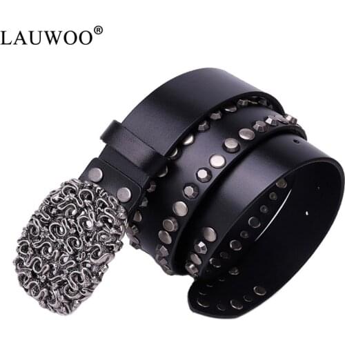 LAUWOO Genuine Leather Heavy Metal Rivet Punk Belts For Men Rock Stud Cowboy Belt Men Ceinture Homme Waist Belt Cinturon Mujer