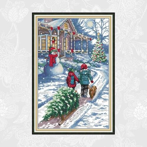 Christmas Snow Scene Cross Stitch Kits 14CT Printed Canvas 11CT White Fabric DIY Handmade Embroidery Semi-finished Needlework