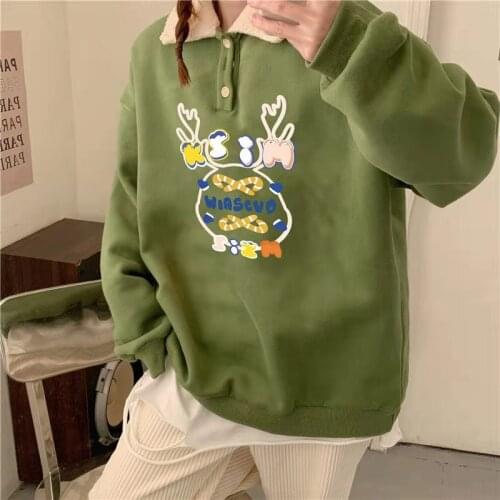 Polo Collar Vintage Black Christmas Sweatshirt Women Long Sleeve Casual Student Fashion Tops New Winter Fleece Hoddies for Teens