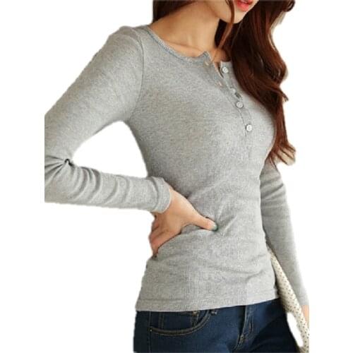 Women Shirt Spring Autumn Basics Top Long Sleeve Fitted soft ribbed jersey Henley Shirt Elastic Solid Color Sexy Ladies