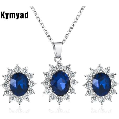 Kymyad Blue Cubic Zirconia Jewelry Sets For Women Elegant Sunflower Pendant Necklace Set Crystal Costume Jewelry Set Lover Gift