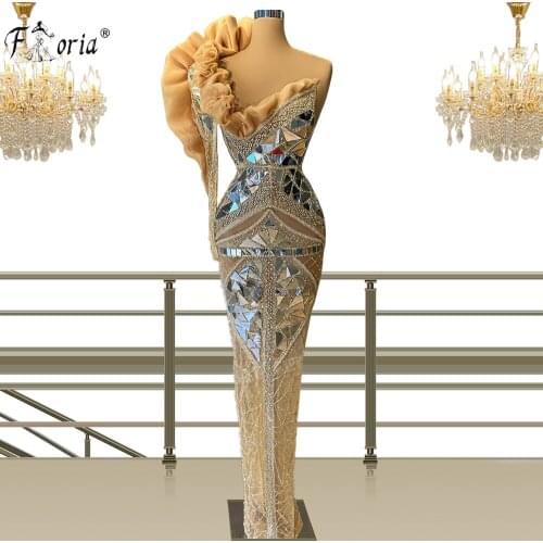 One Shoulder Full Beaded Evening Dress Luxury Handmade Crystals Saudi Arabia Party Dresses See Through Prom Dress Robe De Soiree