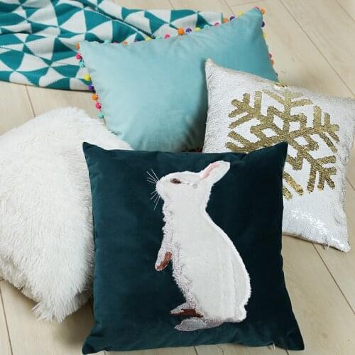 45cm white rabbit plush embroidered cushion cover pillowcase pink/grey/green velvet pillowcase