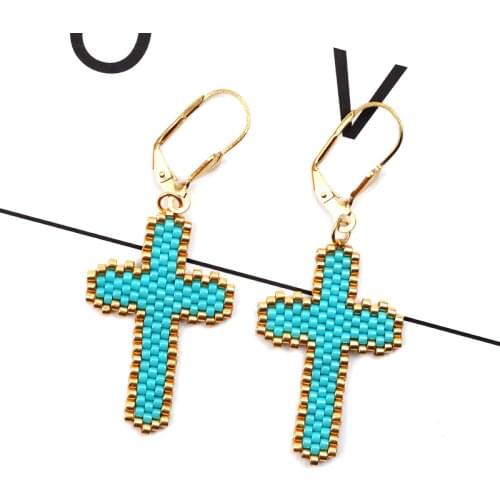 FAIRYWOO Miyuki Beaded Pendientes Cross Earring Gold Women Religious Drop Earring Jewelry Stainless Steel Luxury Gifts For Lover