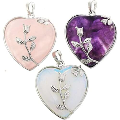KFT Silver Plated Amethysts Crystal Forever Love Heart With Flower Rose Pink Quartz Stone Pendant For Valentines Day Jewelry