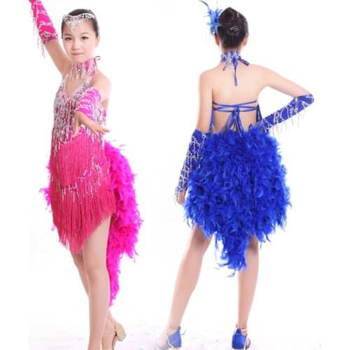 New Arrivals Girls Latin Dancing Dress Shining Sequins+Tassels+Sexy Feather Jazz Ballroom Dance Stage Performance Clothing Set