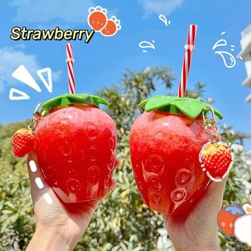 Ins Cute Strawberry Cup With Straw Creative Clear Plastic Water Bottles For Kids Girl Student Portable Cold Drink Water Cups