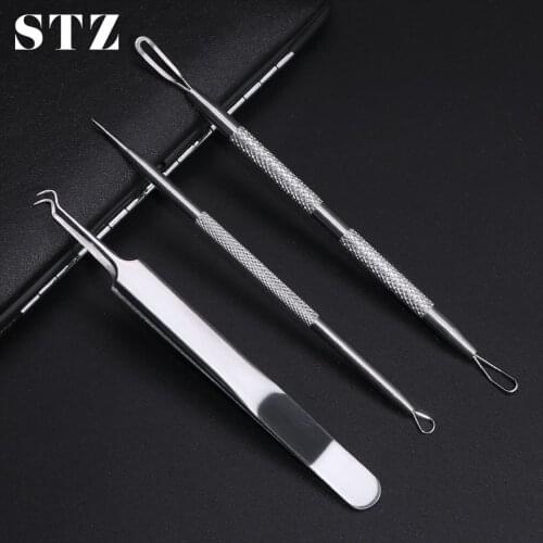 STZ 3pc Stainless Steel Blackhead Acne Extractor Pimple Blemish Remover Spoon Pusher Cleaner Makeup Tool Face Skin Care Kit MP01