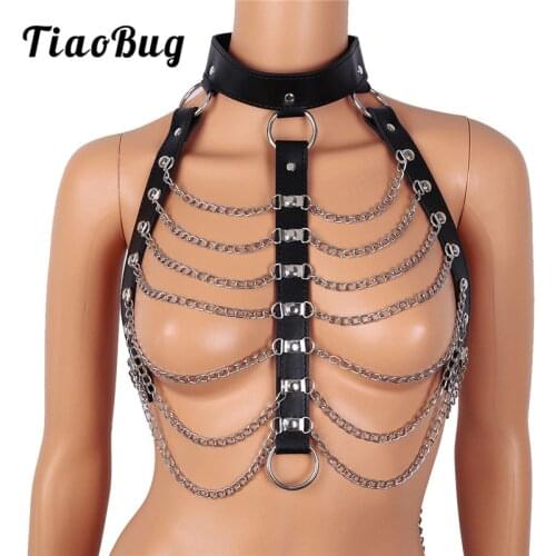 TiaoBug Unisex Imitation Leather Punk Gothic Halter Metal Chain Tassel Body Chest Belt with Lock Men Women Harness BDSM Bondage