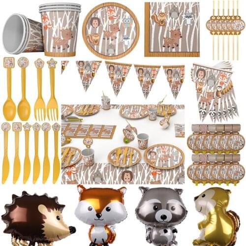 New Cartoon Jungle Animal Theme Raccoon Hedgehog Kids Birthday Decoration Disposable Tableware Baby Shower Supplies