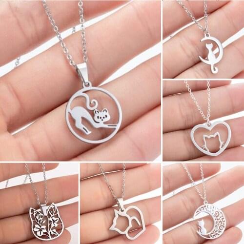 WANGAIYAO new hollow moon cat stainless steel necklace female fashion heart-shaped moon necklace simple personality fox clavicle