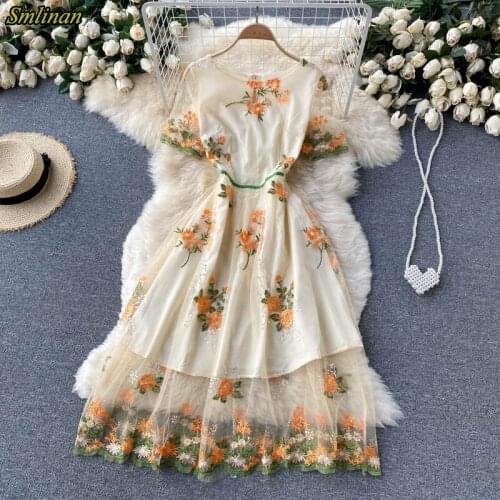 Mesh Embroidery Floral Midi Office Dress Women O Neck Short Sleeve Casual Vintage Dress Elegant Evening Party Robe Dresses