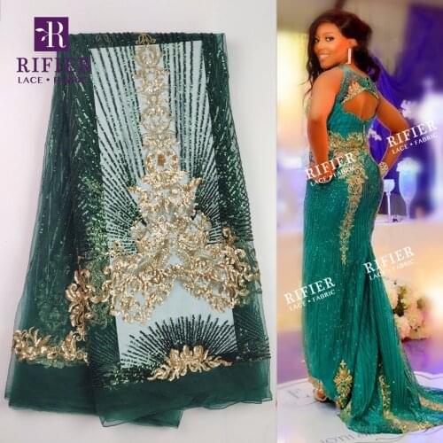 Green And Gold Sequined Mesh Tulle Lace Fabric Sexy Design Sequins Wedding Laces For Dresses Style African French Quality Tulle