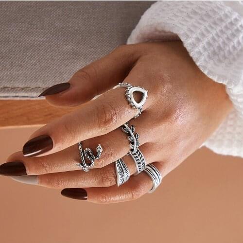 Spring Summer Pack of 6 Creative Knuckle Rings With Metal Embossed Leaf /Animal/ Wave Design in Burnished