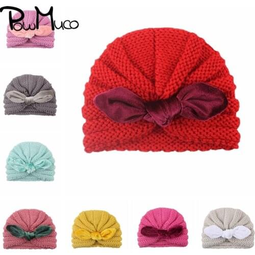 Powmuco Lovely Velvet Bunny Ears Baby Girls Hats Striped Knitted Wool Caps Fashion Handmade Crochet Infant Headwear Photo Props