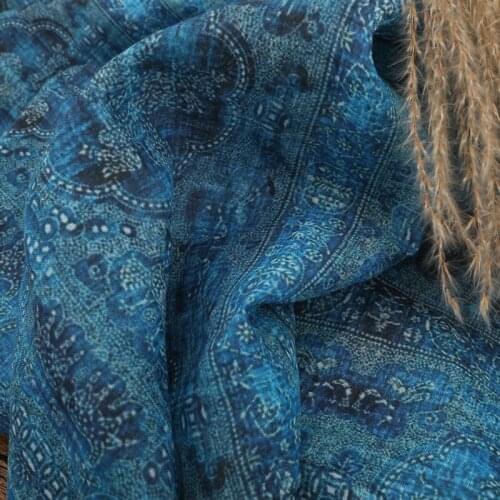 High grade blue ramie printed cotton fabric Wedding Dress Tulle Skirt Material fabrics for patchwork kumas telas por metros