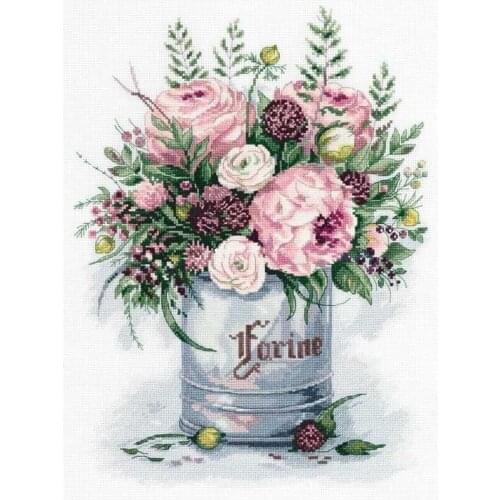 Iron Barrel Pink Rose Flower Cross Stitch Kits Top Quality Embroidery Needlework 14CT Unprinted DIY Handmade Art Home Decor
