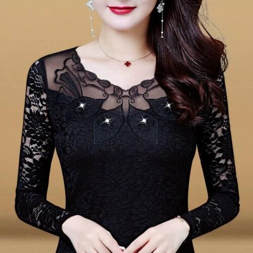 Womens Spring Autumn Style Lace Blouses Shirt Womens Solid Color O-neck Long Sleeve Embroidery Elegant Tops SP8690