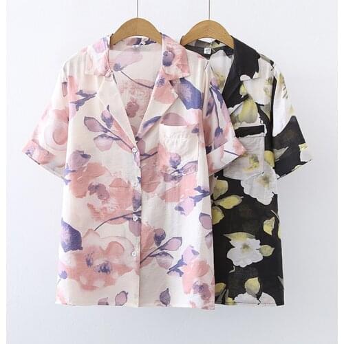 Vogue flower print ladies shirts Tops Womens chiffon Blouses New Summer short sleeve pockets Shirts Blusas Mujer