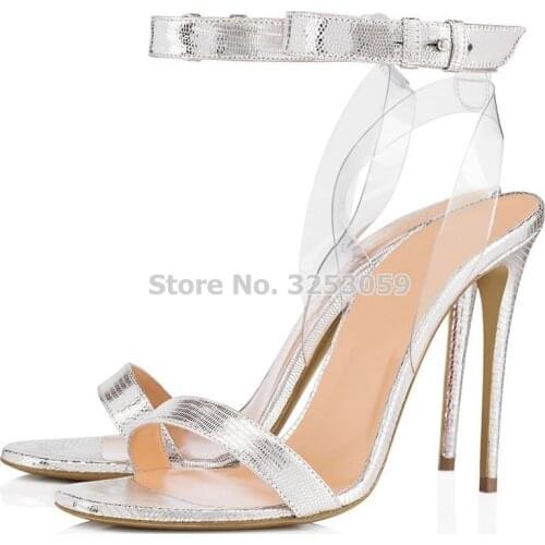 ALMUDENA Women Sexy Gold Siver Snakeskin PVC Single Strap Gladiator Sandals Gold Heels Wedding Shoes Nightclub Banquet Pumps