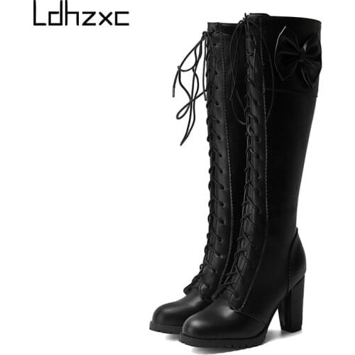 LDHZXC 2020 Winter News Women Knee High Boots Motorcycle Thick Heel Platform Bow-knot Female Wedding Boots Plus Size 42 43 48