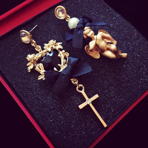 New Euramerican Palace Vintage Pop Baroque Style Brand Jewelry Lace bow Angel Cross Pearl Earrings Pendientes Women Accessories