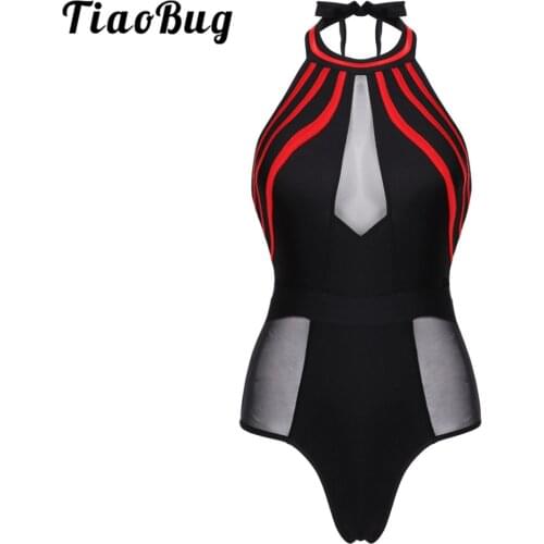 TiaoBug Womens One-Piece Swimsuit Mesh Patchwork Swimwear Halter Sleeveless Summer Ladies Beachwear Monokini Sexy Bathing Suit