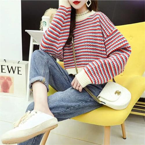 2020 new short-piece head sweater female loose-fitting outer wearing a thin early autumn high-waisted striped knitted top