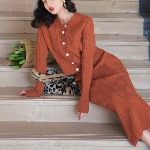 High Quality Autumn Winter Vintage Sweater Two Piece Set Women Knitted Cardigan Coat + Long Skirts Sets Female 2 Piece Suits