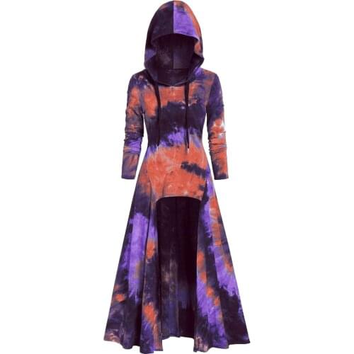 Vintage Cloak Dresses Womens Hooded Tie-dye Printed Autumn Party Dresses Long Sleeve High Low Gothic Dress Vestidos De Fiesta