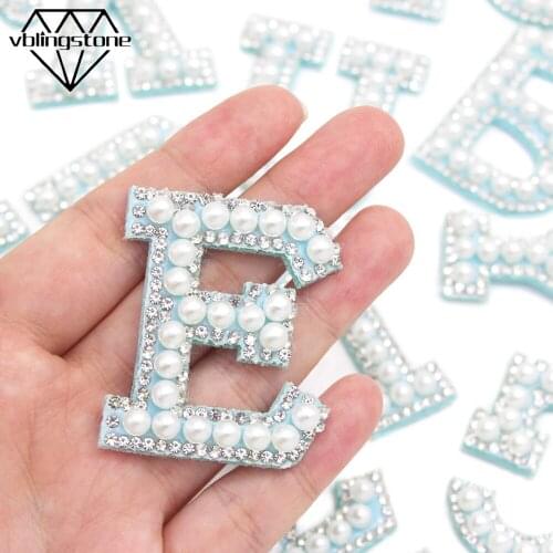 1Pcs Patch Pearl Rhinestone Letter Patches Blue Bottom English Letter Patches Applique For Clothing Sew on Patch DIY Name Stripe