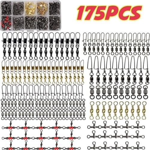 175pcs/Box Fishing Swivel Kit Ball Bearing Swivel Snap Safety Snap High Strength Fish Line Connector Rolling Swivel Ect