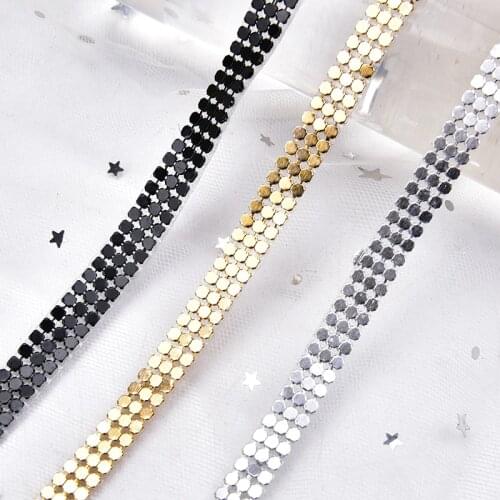 2 Meters/Lot Gold Mesh Metal Rhinestone Trim 1cm Width 3 Rows Strass Crystal Bridal Applique Roll for Clothes Placemat Bags
