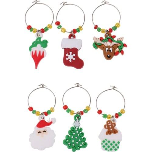 6pcs Christmas Santa Claus Wine Glass Charms Marker Rings Xmas Table Decor