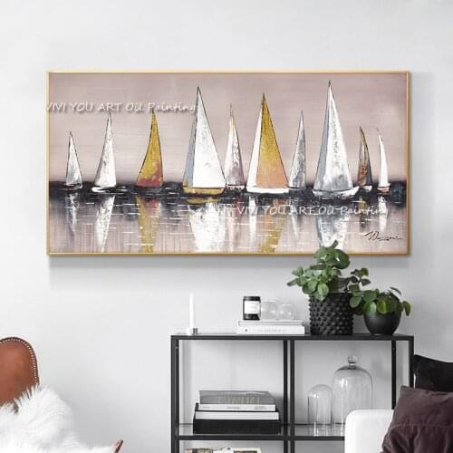 Abstract oil painting sailboat on the sea Handmade picture wall decor for living room indoor home decoration no framed as a gift