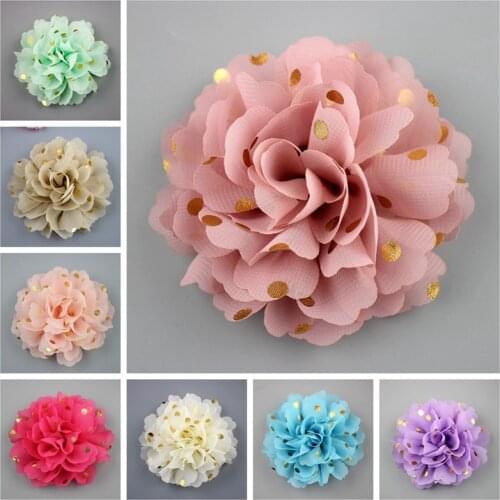 4'' flower print gold dots for hair bands Ballet Dance shoes flowers big chiffon rose for girls head wear 100pcs with clips