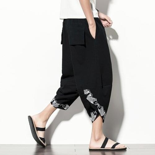 New Cotton Linen Mens Harem Pants Summer Male Casual Calf-Length Embroidery Harajuku Style Cross Pants Male Loose Streetwear 5XL