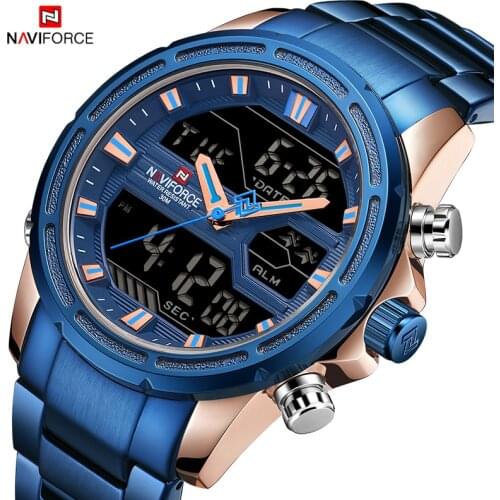 NAVIFORCE Blue Mens Watches Business Fashion Quartz Analog Led Digital Calendar Luminous Chronograph Stainless Steel Male Watch