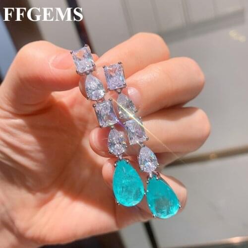 FFGems Brazilian Paraiba Emerald Tourmaline Silver Earring Created Blue Stone Drop for Women Fine Jewelry wholesale Party Gift