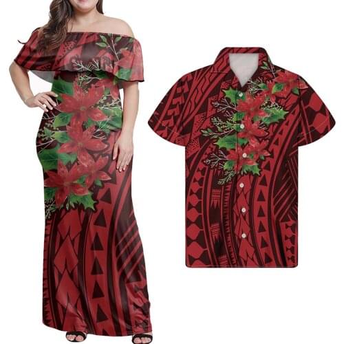 HYCOOL Polynesian Plus Size Red Dresses For Women 2021 Floral Print 2pcs Couple Matching Outfits Women Long Bodycon Maxi Dresses
