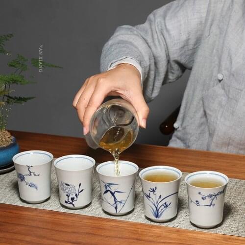 Chinese hand-painted retro plum, orchid, bamboo, chrysanthemum and pine master cup ceramic Kung Fu tea set tea cup tea cup