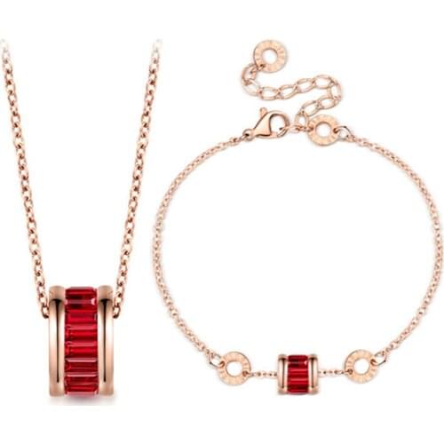 316L Stainless Steel Red Crystal Necklace Bracelet Set Simple Personality Net Red Titanium Steel Jewelry